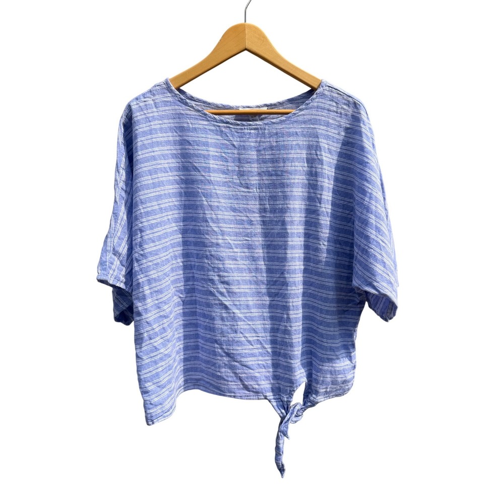 Beachlunchlounge Blue White Striped Linen Blend Side Tie Top Medium